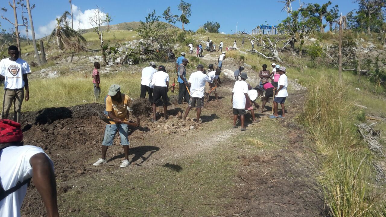 Community members planting trees together, Haiti.